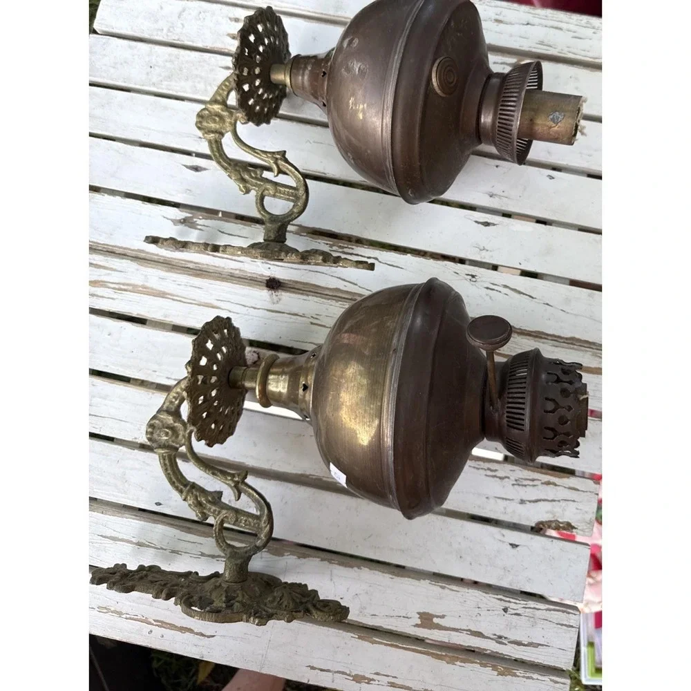 Pair Antique Brass Namna TTO MONNE Wall Sconce Fuel Oil Lamp 12x8